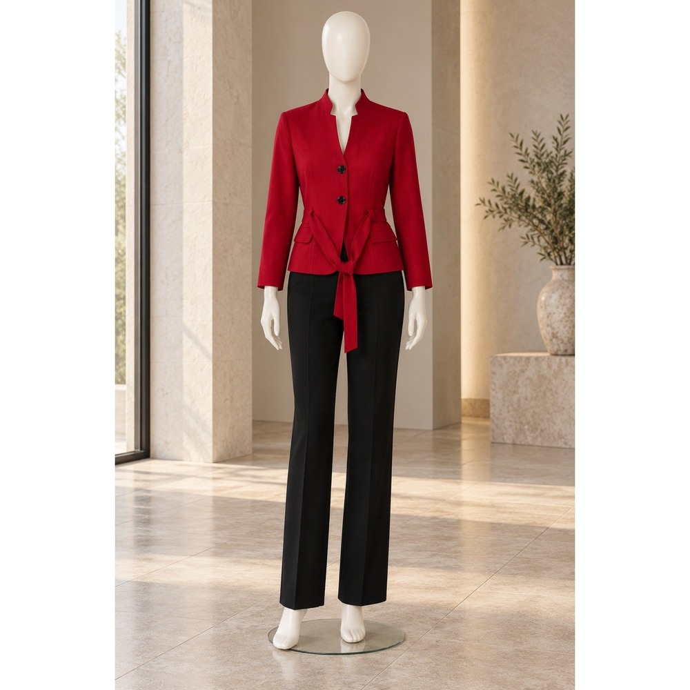 Studio I Womens Blazer Jacket Red Belted Mock Neck Size 8
